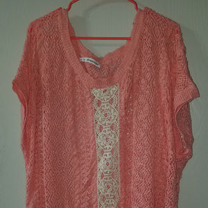 Coral Open Weave Sweater with Crochet Center Detai